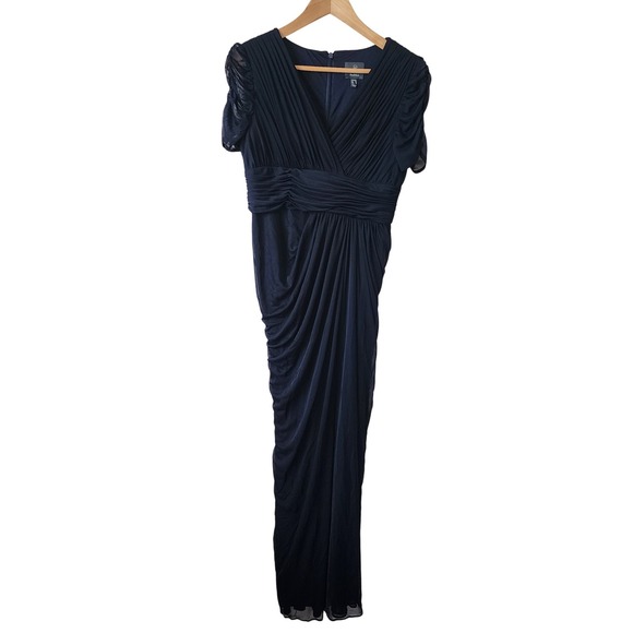 Adrianna Papell Navy Ruched Mesh V-Neck Draped Maxi Formal Evening Gown Dress 10 - Picture 2 of 9